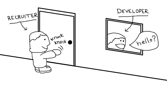 A recruiter knocks on the door while the developer answers at the window